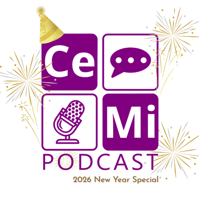CeMi POdcast logo with fireworks for the New Year 2026 bonus episode